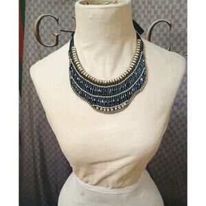 Exotic Beaded Felt Bib Necklace Simulated Diamonds Rhinestone Regency Cleopatra